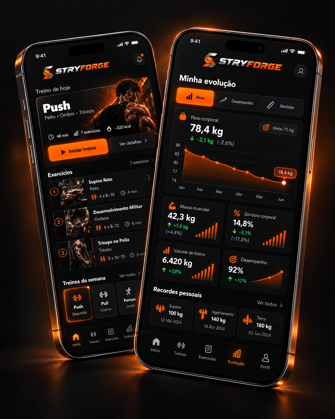 Duas telas premium do aplicativo STRYFORGE mostrando treino do dia e painel de evolução